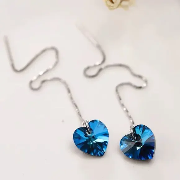 925 Sterling Silver Blue Crystal Heart Necklace & Earring Set Elegant Wedding - Picture 2 of 5